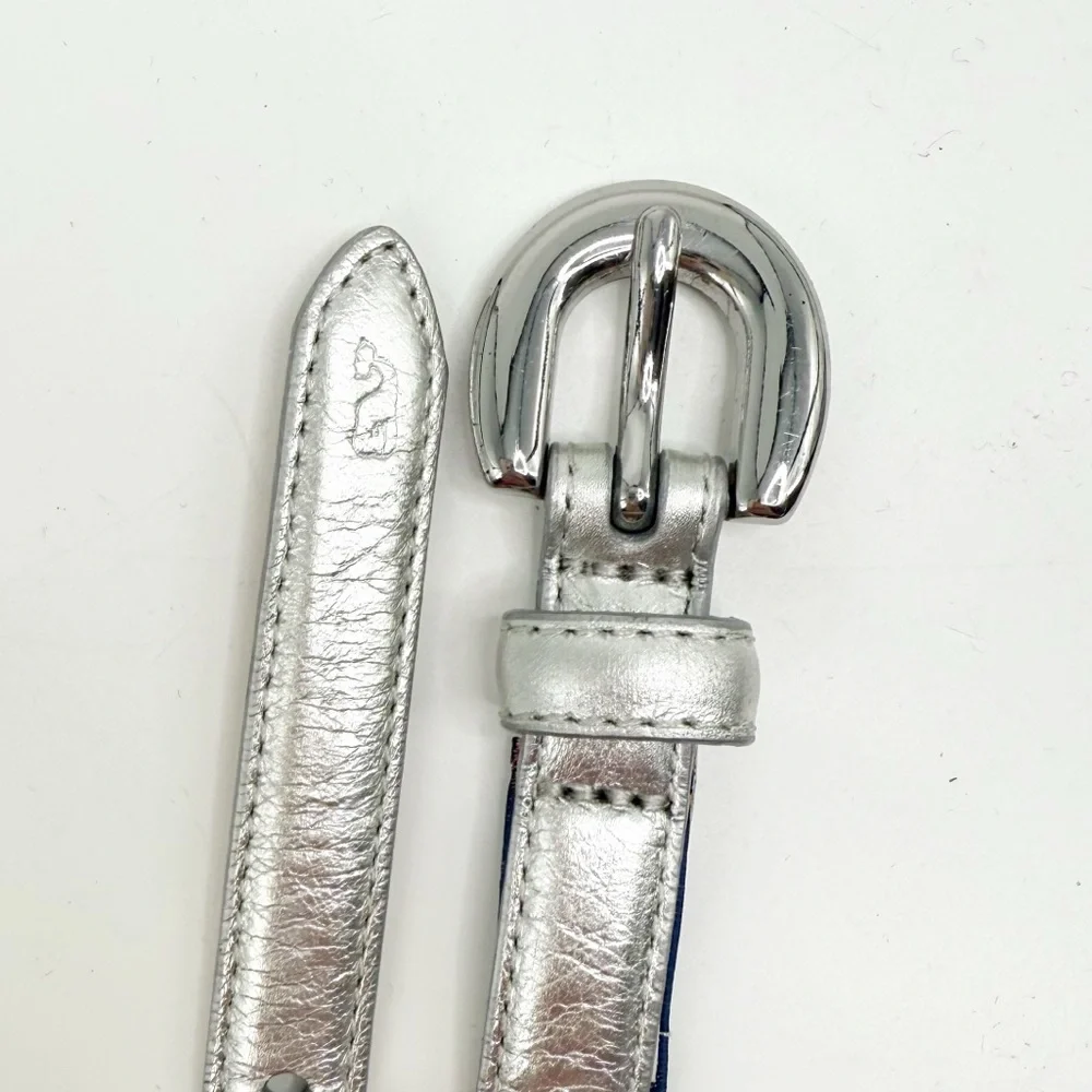 Vineyard Vines Silver Leather Skinny Belt With Silver Buckle, Size XS